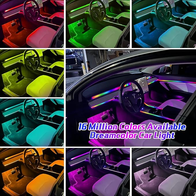 Tesla Dreamcolor Interior Car Lights, WEBUPAR Tesla Car Accessories 9 in 1 Car LED Strip Lights with APP Control and 213 Modes, 175 inches 593 LEDs Acrylic Fiber Optic Lights, RGB Neon Car Lighting