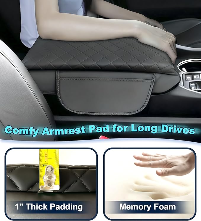 Armrest Cover for Honda Pilot/Passport/Ridgeline Center Console Pad with Organizer Storage Pockets, Black Faux Leather Arm Rest Lid Protector Cushion Interior Accessories (2023-2025)