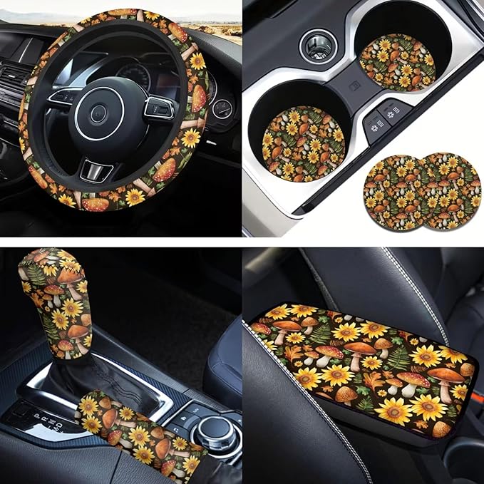 Mushroom 6pcs Car Steering Wheel Cover Set for Men Women Sunflower Car Interior Accessories Cup Coaster Handbrake Cover Universal Fit Auto,Suvs,Truck
