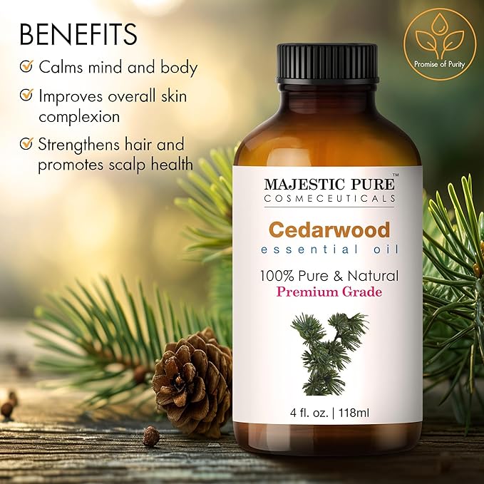 Majestic Pure Essential Oil with Glass Dropper - 100% Pure and Natural - Essential Oils for Diffuser, Aromatherapy, Soap and Candle Making, Cedarwood Essential Oil, Cedarwood Oil, 4 Fl Oz