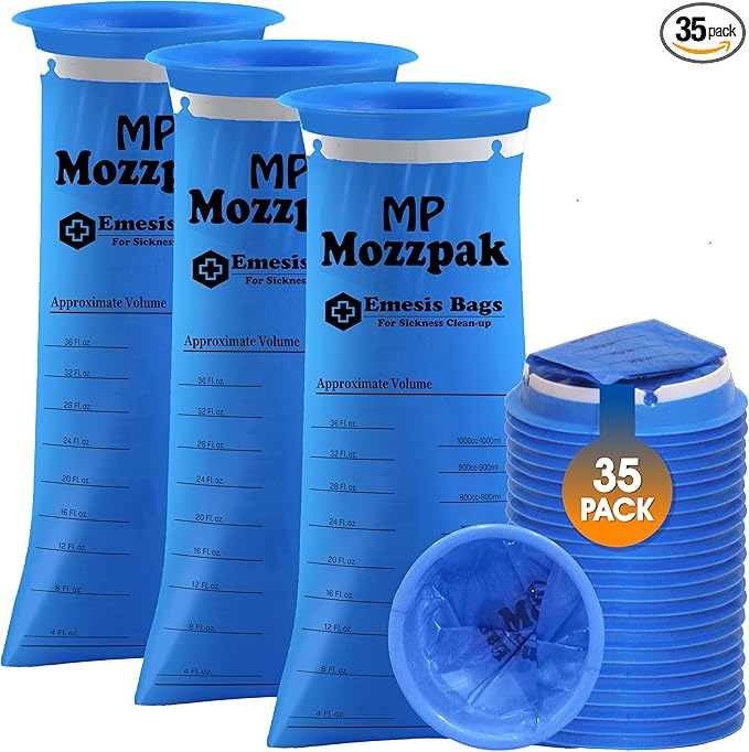MP MOZZPAK Vomit Bags Disposable 35 Pack - 1000ml Emesis Bags, Leak-Proof Barf Bag, Travel Friendly Puke & Nausea Bag for Motion Sickness, Medical Grade Throw up Relief for Car