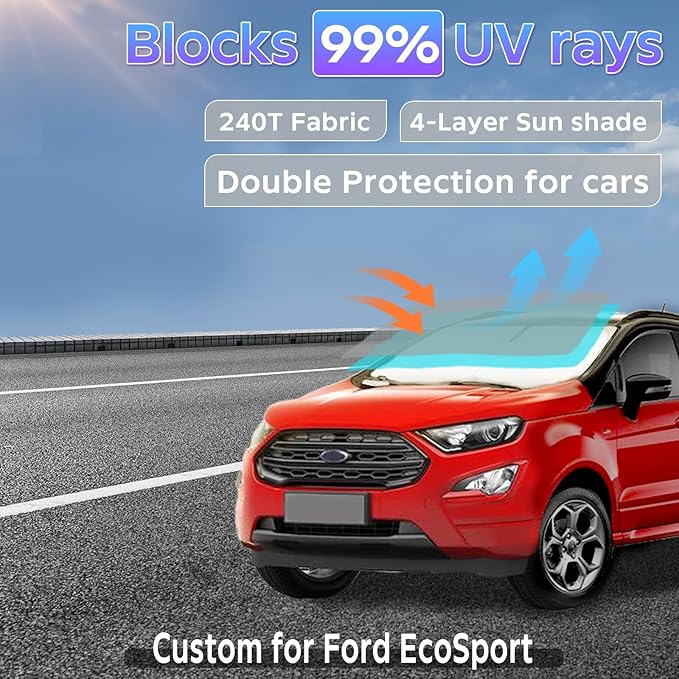 Sun Shade Sunshade for Ford EcoSport 2014-2024 Windshield Cover, 4-Layers Sun Shield 250T Silver Coating Sun Visor Foldable Front Window Shade Blocks UV Rays Car Cool Accessories