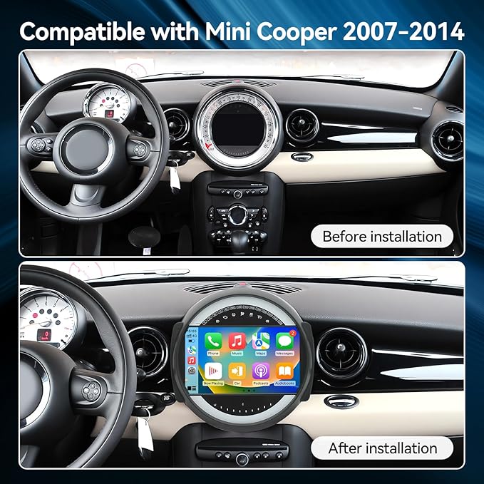 Android 14 Car Radio Compatible with BMW Mini Cooper 2007-2014,4G+64G,9" Touch Screen Car Stereo with Wireless Carplay&Android Auto,FM/GPS/SWC/Mirror Link/Backup Camer