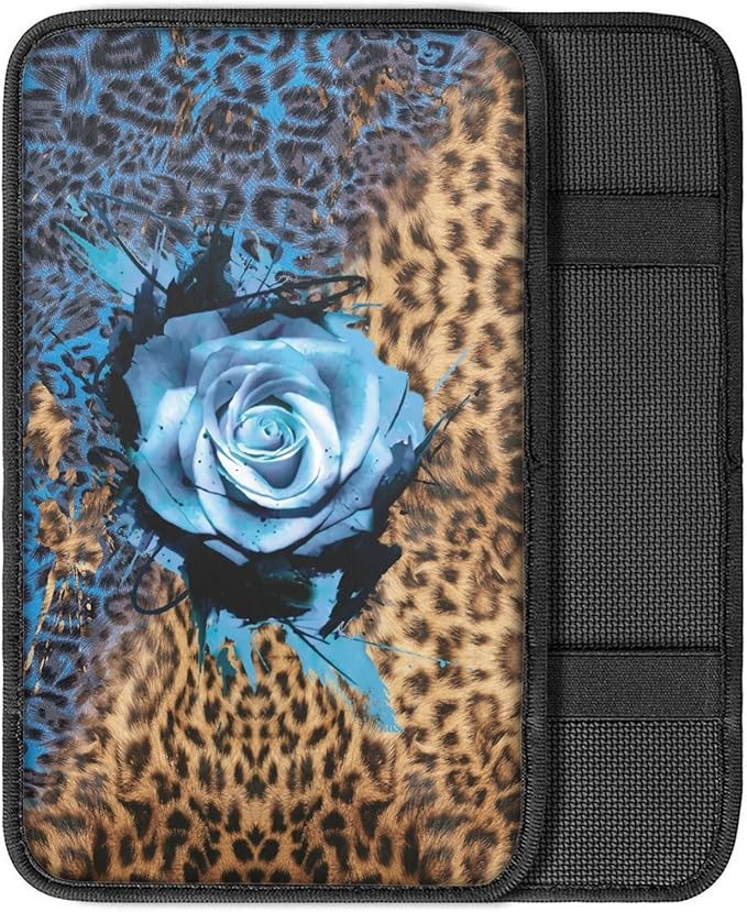 Coldinair Blue Rose Leopard Car Armrest Cover,Auto Center Console Pad,Soft Seat Cover Protector Cushion,Car Accessories Decor for Most Cars,Sedan,Truck,SUV
