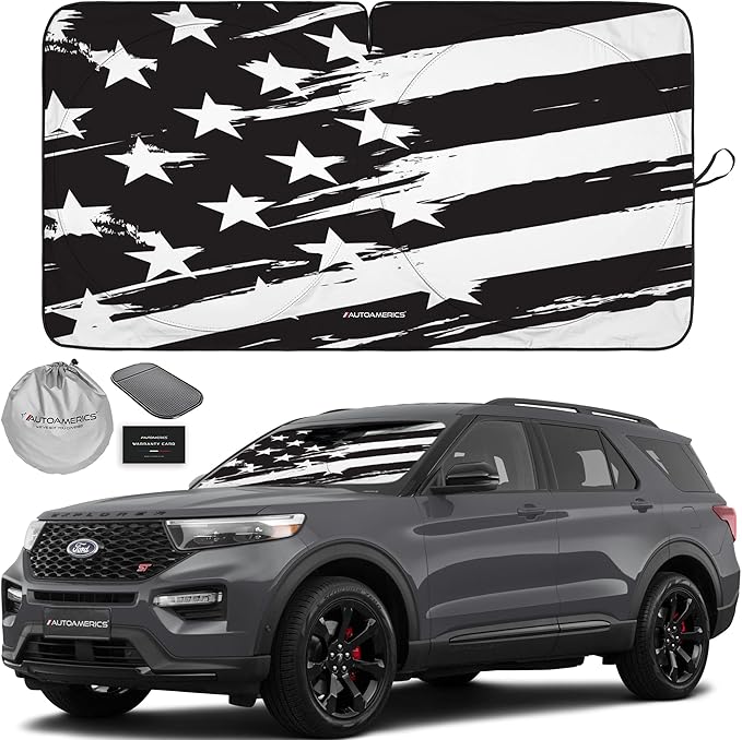 Autoamerics 1-Piece Windshield Sun Shade B&W Art American Flag USA Design - Foldable Car Front Window Sunshade for Most Sedans SUV Truck - Blocks Max UV Rays and Keeps Your Vehicle Cool - Medium