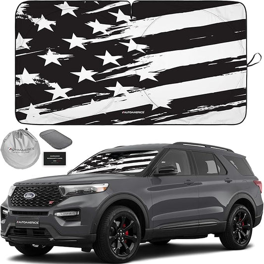 Autoamerics 1-Piece Windshield Sun Shade B&W Art American Flag USA Design - Foldable Car Front Window Sunshade for Most Sedans SUV Truck - Blocks Max UV Rays and Keeps Your Vehicle Cool - Medium