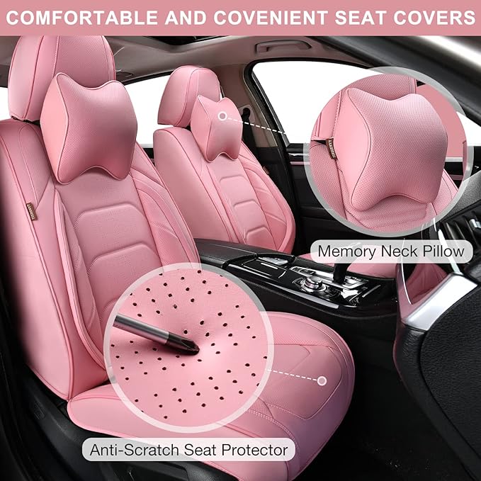 Pink Car Seat Covers Full Set, Breathable Leather Automotive Front and Rear Seat Covers & Headrest for Comfortable Driving, Universal Auto Interior Fit for Most Kinds of Vehicles