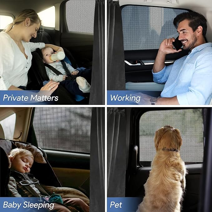Car Divider Privacy Curtain, Blackout Suede Sun Shade Cover Front & Rear Seat Partition Space Divider Auto Van Truck Interior Accessories for Family Camping Baby Sleeping (Black, Large)
