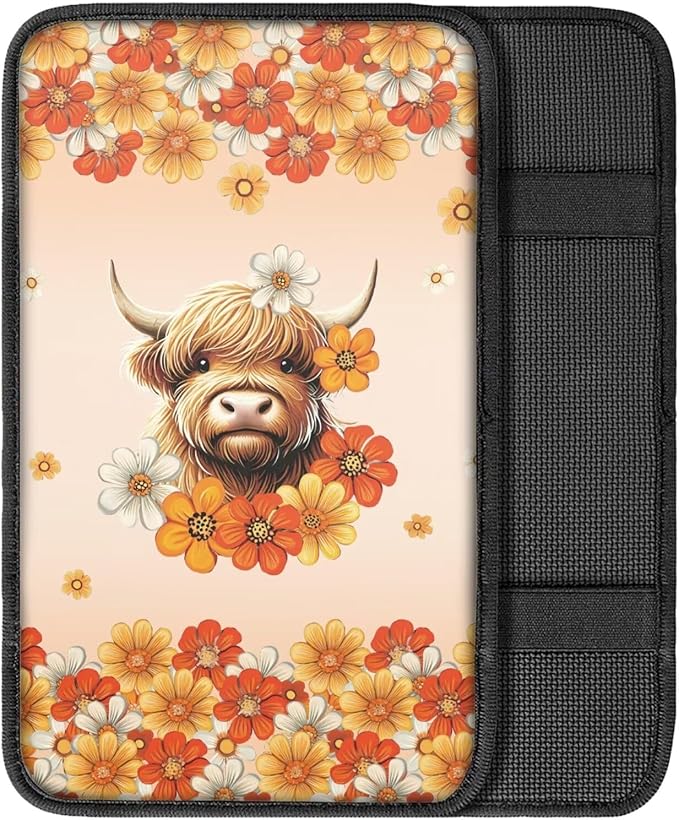 UNICEU Flowers Highland Cow Armrest Cover Pad, Universal Fit Car Center Console Cushion Pad, Anti Dirty Scratch Proof Car Seat Box Cover for Most Vehicle Truck Cars