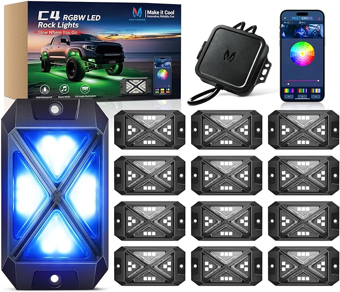 MICTUNING C4+ RGBW Rock Lights, 12 Pods 360° Ultra Bright Pure Color Underglow Neon Lights, Bluetooth APP Control & Music Mode, IP68 Waterproof, for Trucks Cars ATV UTV Golf Cart (2 Year Warranty)