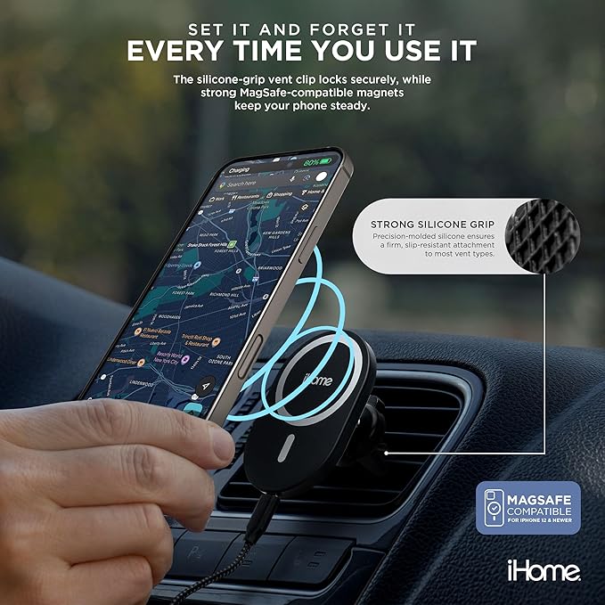 iHome 5-in-1 Complete Car Charging Kit, 15W MagSafe Charger, Dual Port Adapter, Mounts & Cable