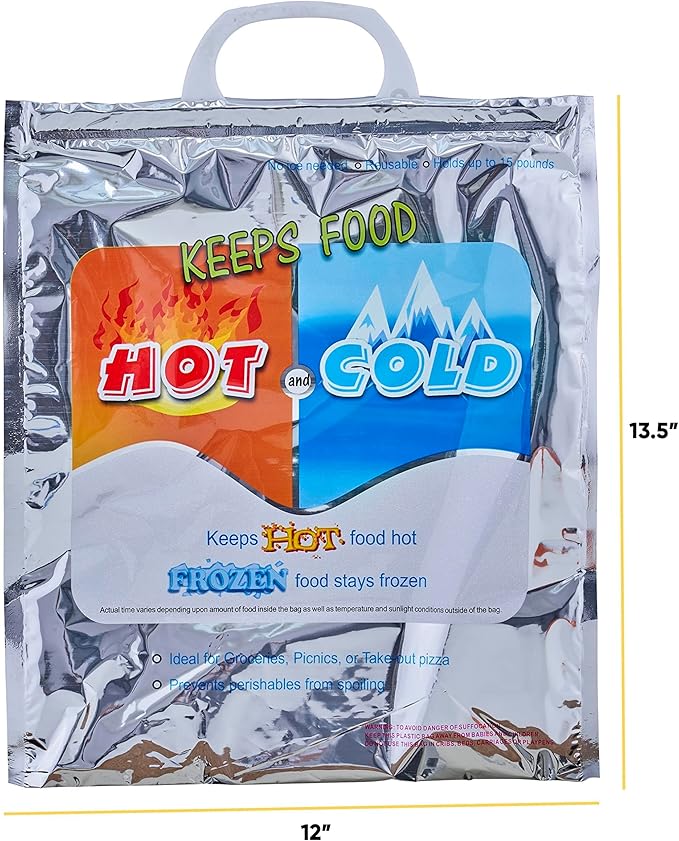 Superio Hot and Cold Insulated Bags for Food Delivery, Grocery Shopping Bags, Food Storage for Hot and Frozen Food for Travel, Disposable Cooler Bag, Reinforced Thermal Lunch Bag (8, 12"x13.5")