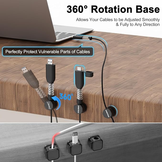 6 Desktop Cord Organizer Magnetic Spring Cable Clips Rotatable Cord Holder 2 Charging Cord Protecors for Nightstand Phone Charger Organizer Computer Desk Cable Management Appliance Adhesive Wire Strap
