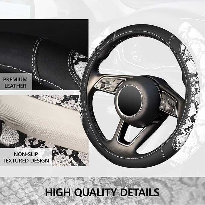 ZHOL Snake Skin Leather Steering Wheel Cover,Black and White Animal Fur Car Accessory Steering Wheel Cover,Universal 14.5-15inch,Anti-Slip Car Steering Wheel Protector for Women Men