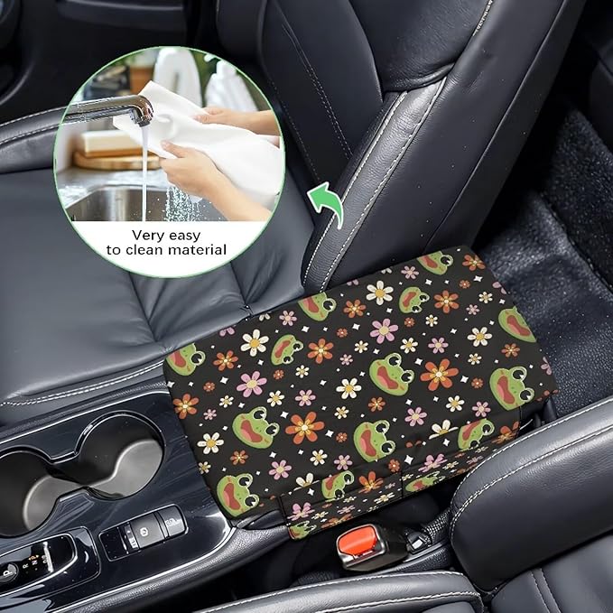 Dreaweet Car Center Console Cover with Pockets Cute Frog Car Accessories for Women Soft Thick Car Arm Rest Cover Pad Universal Armrest Cover for Car Truck SUV Van