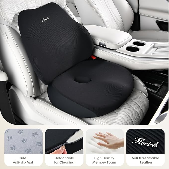 FLORICH Car Seat Cushion and Lumbar Support Pillow, Ergonomic Memory Foam Driving Seat Cushions for Back & Sciatica Pain Relief, Non-Slip Cushion for Car, Office, Truck, Wheelchair, Gaming Chair-Black