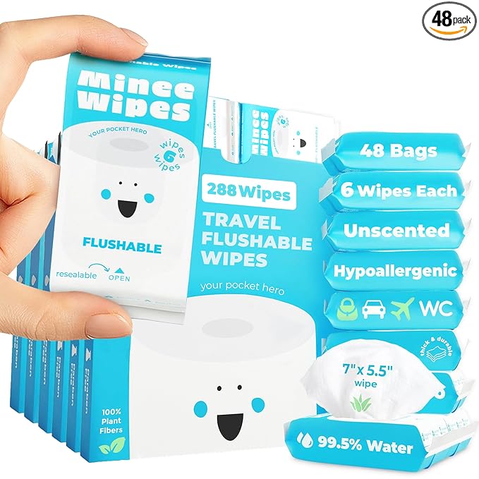 Impossibly Compact Travel Flushable Wipes - 99.5% Water and Aloe - Safe for Sensitive Skin & Hypoallergenic - Travel Essentials for Adults, Kids & Babycare, Unscented, 48 Pack 288 Wipes