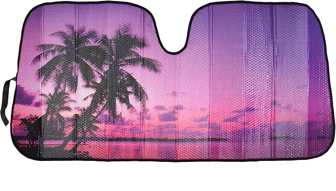 BDK Purple Sunset Beach Front Windshield Sun Shade Accordion Folding Cute Car Window Shades for Truck & Car Sunshade Shield for Sun UV Rays - Visor Protector Keeps Your Vehicle Cool - 58 x 27 inches