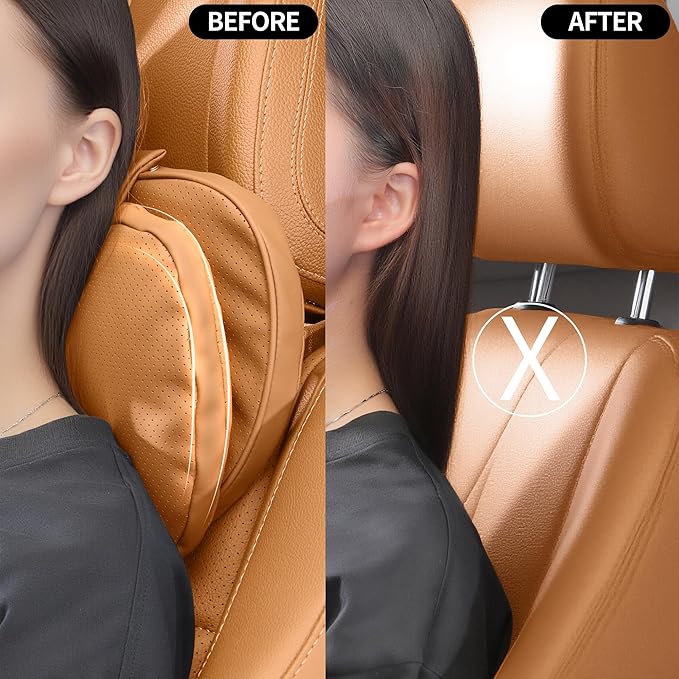 Car Headrest Pillow for Driving, Dual-Sided Leather Design Neck Pillow, Breathable Softness Neck Support, Universal Fit Head Rest Travel Pillow, Palomino Brown, 2 Pack