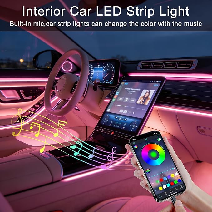 LED Lights for Car Interior - 5 in 1 Wireless Ambient Lighting Kit with 236" Fiber Optic, 16 Million Colors, APP Music Sync - Car Neon Lights for Cars, Trucks, SUVs（Cigarette）