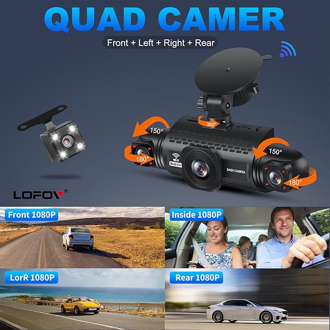 4 Channel Dash Cam 360° View, 2K Front and Rear Inside, Left Right Dash Camera for Cars, 8 IR Lamps Night Vision, 5G WiFi & APP Control, G-Sensor, Parking Mode, with a Free 64GB SD Card