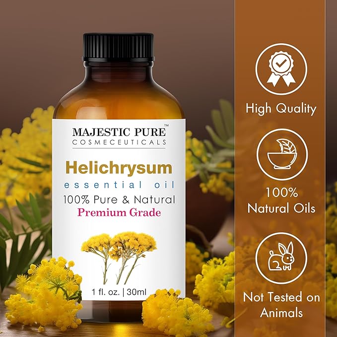Majestic Pure Essential Oil with Glass Dropper - 100% Pure and Natural - Essential Oils for Diffuser, Aromatherapy, Soap and Candle Making, Helichrysum Essential Oil, Helichrysum Oil, 1 Fl Oz