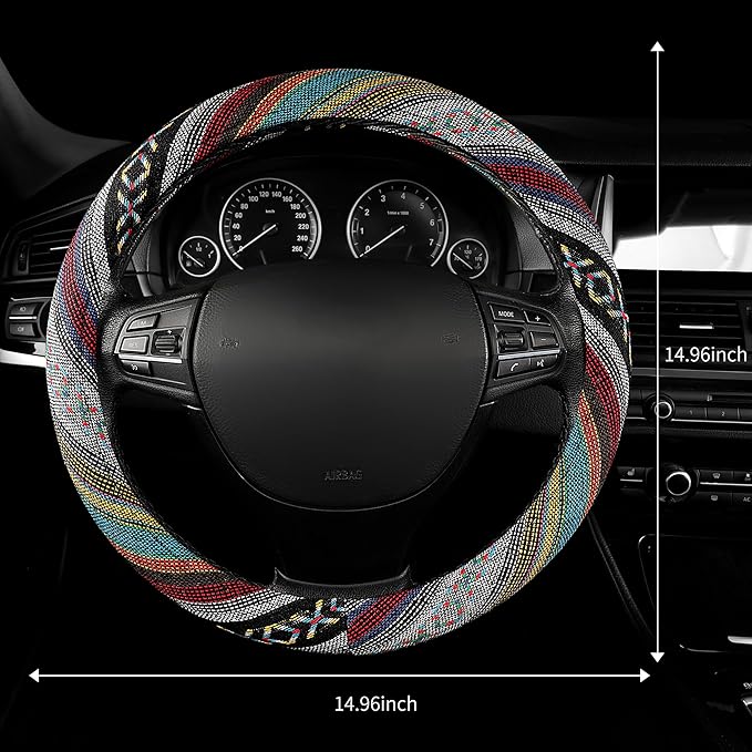 GXT 15 inch New Baja Blanket Car Steering Wheel Cover Universal Fit Most Cars Automotive Ethnic Style Coarse Flax Cloth (Red Blue)