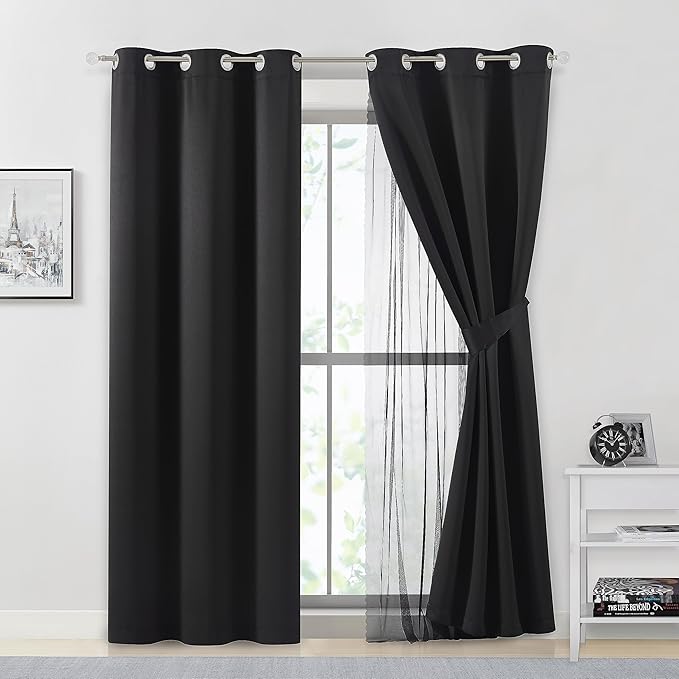 Bujasso Black Full Blackout Curtains with Sheer Overlay Mix and Match Double Layer Thermal Insulated Window Panels 84 inch for Living Room Bedroom Black Drapes with Tiebacks Grommet Top 37" Wx84 Lx2