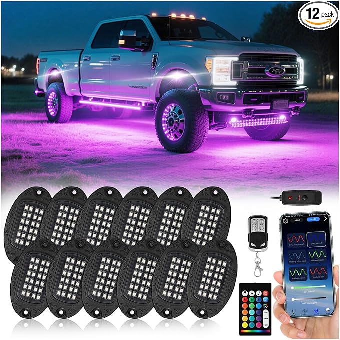 12 Pods Segmented Alloy RGB LED Rock Lights for Trucks Jeeps Golf Cart Offroad ATV UTV SXS, Waterproof Shockproof Metal Underglow Kit with APP/RF Control Sync Music Multicolor Underbody Fender Light