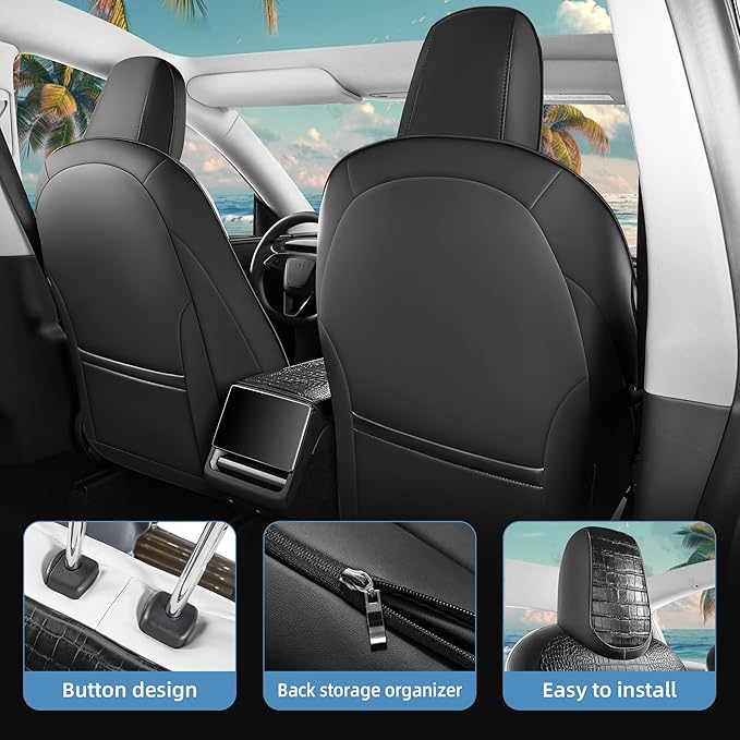 for Tesla Model Y 2025 2026 Seat Cover Full Set Black and White Nappa Leather Seat Cover (Crocodile Black+White 25-26)