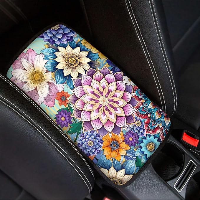 UNICEU Car Center Console Armrest Cover Pad for Women, Boho Flowers Bright Blossom Auto Interior Decor Neoprene Car Armrest Box Protector Cover