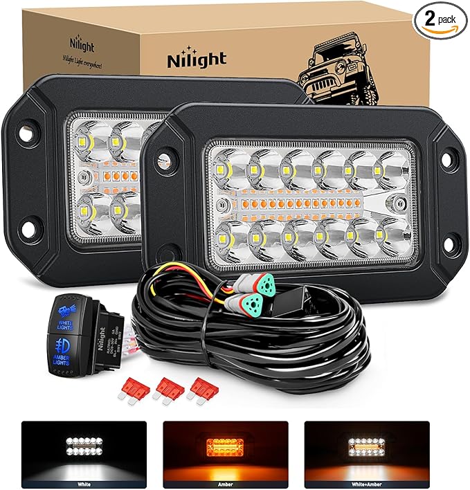 Nilight Flush Mount LED Light Pods 2PCS 6 Inch 39W Amber White 3 Lighting Modes Fog Lights Spot Flood Beam with Dual Control 18AWG Wiring Harness for Truck Pickup Golf Cart UTV ATV SUV Boat 4x4 Car