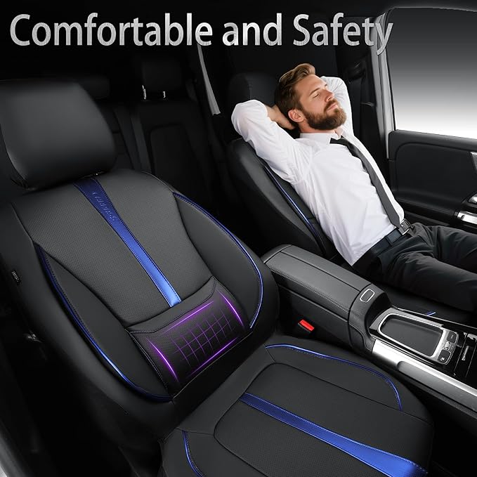 CAR PASS Nappa Leather Two Front Car Seat Covers, Water Resistant Faux PU Leather Seat Covers, 3D Foam Support Automotive Seat Covers Comfortable & Durable Universal Fit for Cars SUV Truck, Black Blue
