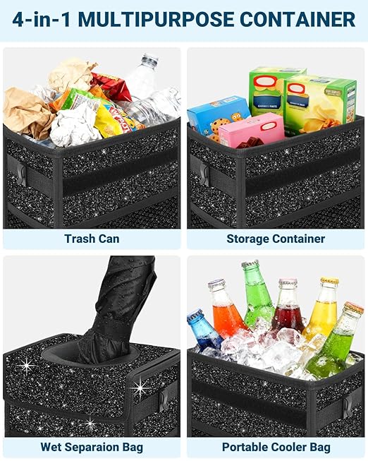 Capolo Car Trash Can with Lid, Leakproof Car Trash Bag Hanging Waterproof Automotive Garbage Can with Storage Pockets Mini Vehicle Trash Bin for Back/Front Seat(Sparkly Black,3 Gallon)
