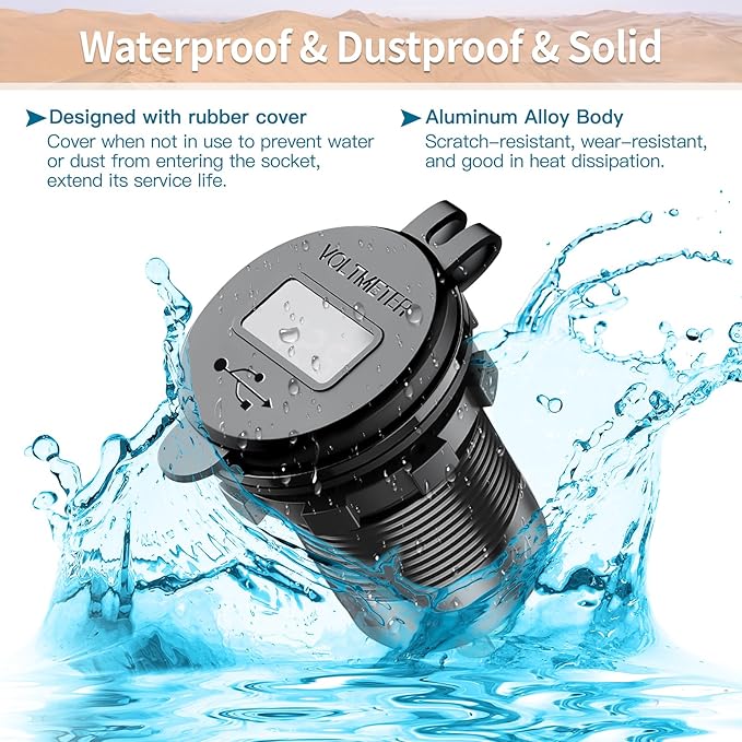 4 Port 12V USB Outlet Aluminum Charger with Voltmeter, 78W Fast Charge Dual PD3.0 & QC3.0 Multiple USB Port for Car, Marine USB C Socket Cigarette Lighter Replacement Waterproof 12 Volt Outlet, 2 Pack