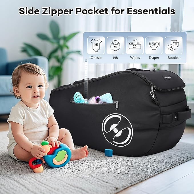 YOREPEK Infant Car Seat Travel Bag Backpack with Wheels, Fits for Doona Car Seat Stroller, Padded Carseat Bags for Air Travel with Shoulder Strap, Car Seat Storage Bag for Airplane with Side Pocket