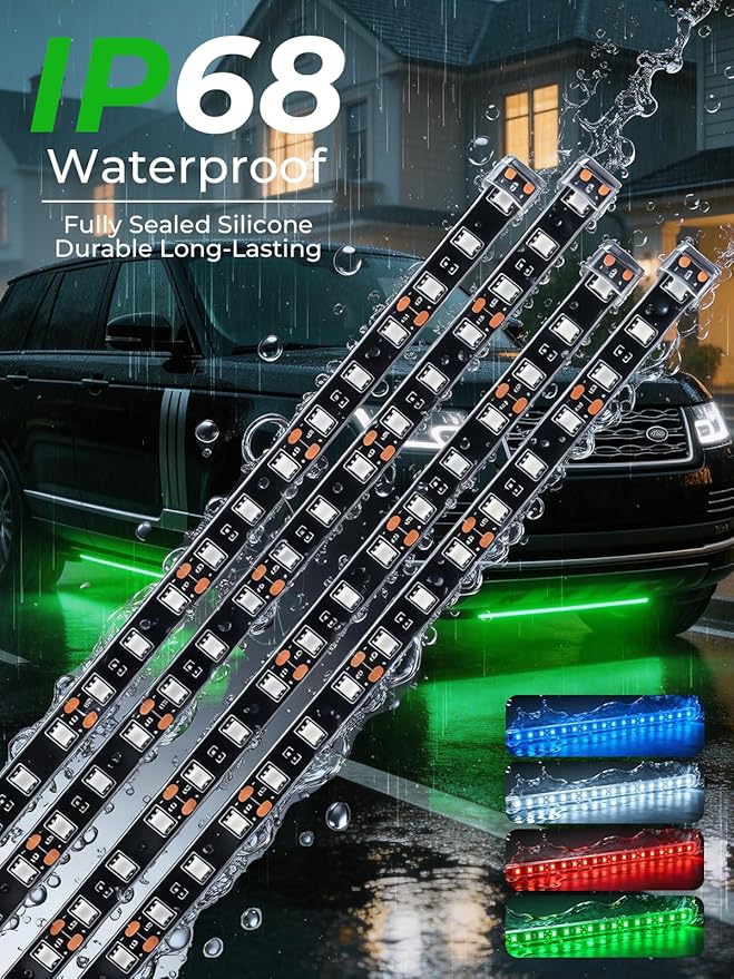 LED Strip Lights 12V Cuttable IP68 Waterproof 12 Inch Interior Exterior Underbody Light for Car SUV Truck Motorcycle Boat Golf Cart 18 SMD 5050 Green 4 Pack