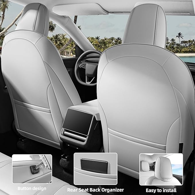 Seat Cover for Tesla Model Y Juniper 2025 2026 Custom Fit Leather Seat Cover Full Set Compatible Airbag Seat Cushion Cover (Model Y Gray-25-26)