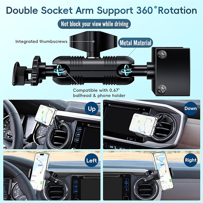 Upgraded Vent Metal Phone Mount for Tacoma 2016 -2023 and 2014-2021 Toyota Tundra, 3rd Gen Toyota Tacoma Cell Phone Cradles with 360° Adjustable Double Socket Metal Arm Fit for All Smartphones