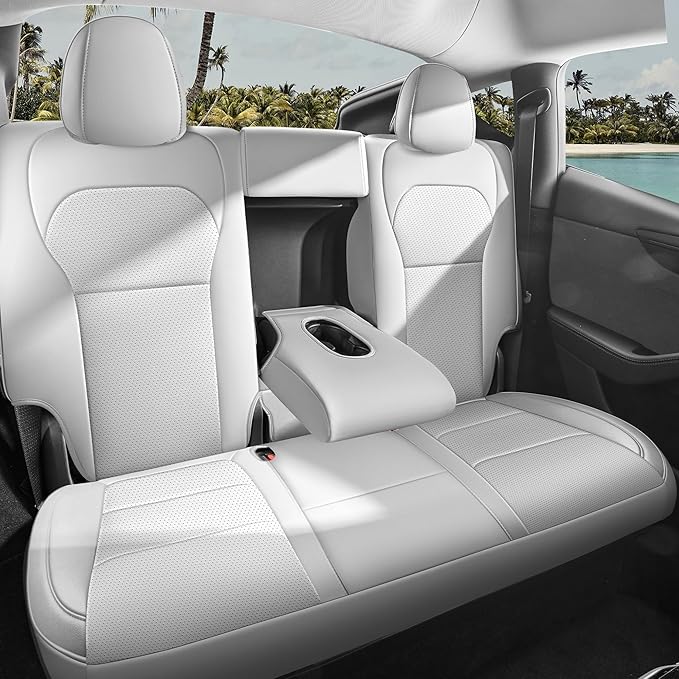 Seat Cover for Tesla Model Y Juniper 2025 2026 Custom Fit Leather Seat Cover Full Set Compatible Airbag Seat Cushion Cover (Model Y Gray-25-26)