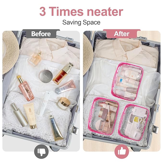 PACKISM TSA Approved Toiletry Bag 3 Medium - Quart Size Clear Makeup Bag for Carry On, Airport Security Compliant Clear Travel bag for Toiletries with Reinforced Seams, Bright Rose Red