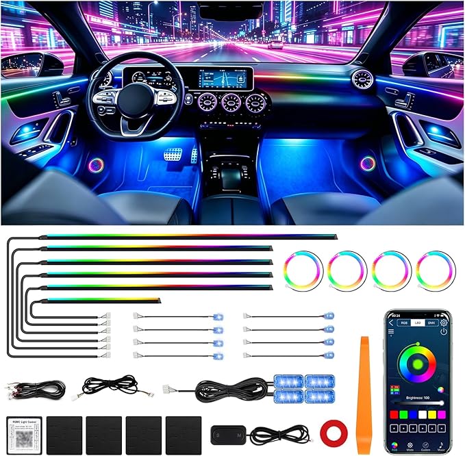 Acrylic Interior Car LED Strip Light,RGB 22 in 1 Neon Ambient Lighting Kits,Car Ambient Lighting with APP Control,LED Lights for Cars with Music Sync Dynamic Dreamcolor
