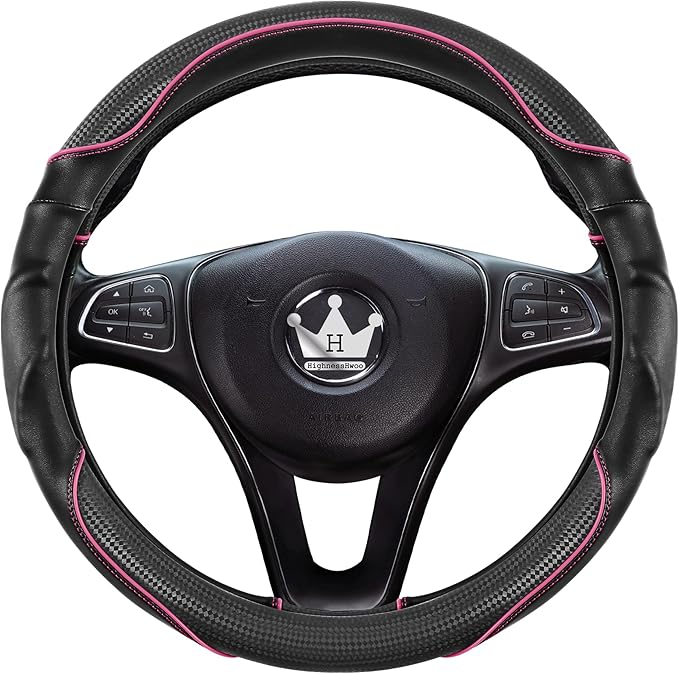 3D Car Steering Wheel Cover Comfort Grip Massage Sporty Anti-Slip Carbon Fiber Faux Leather for Sedan SUV, Universal Fit, Car Handle Covers for All Seasons, 14.75-15.15in, Pink
