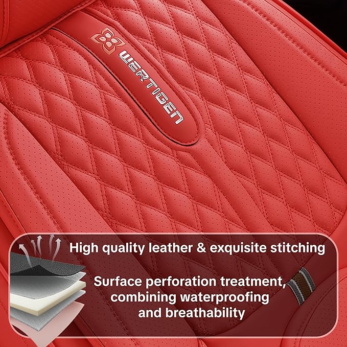 Red Car Seat Cover Full Set , Universal Car Seat Cover for Car with Lumbar Support, Premium Faux Leather, Waterproof and Easy to Clean, Airbag Compatible, Suitable for SUV, Pickup Trucks, Sedans
