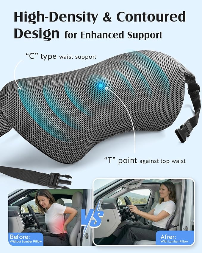 YFONG Lumbar Support Pillow for Car & Office Chair, Memory Foam Back Cushion with Adjustable Straps Non-Slip, Firm Support for Lower Back Pain Relief, Grey