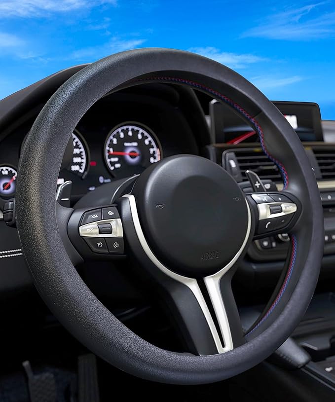 ESEWALAS Car Silicone Steering Wheel Cover,Soft Odorless Silicone Leather Texture Steering Cover,Universal 13-15inch Car Steering Wheel Protector (Black)