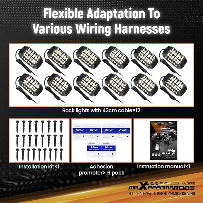 maXpeedingrods 12 Pods White Rock Lights 400LM 6000K, High Bright 432 SMD 5050 Chips with 43cm Wires, LED Underglow with Waterproof 3D Lens for Off-raod Truck Golf Cart Car Boat Motorcycle