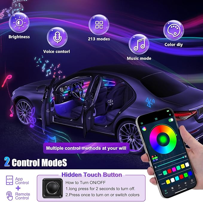 Acrylic Interior Car LED Strip Light with Wireless APP, RGB Dreamcolor 10 in 1 with 175 inches 600 LEDs Fiber Optic Strip Lights for Car, Dynamic Chasing Sound Active Neon Car Ambient Lighting Kits