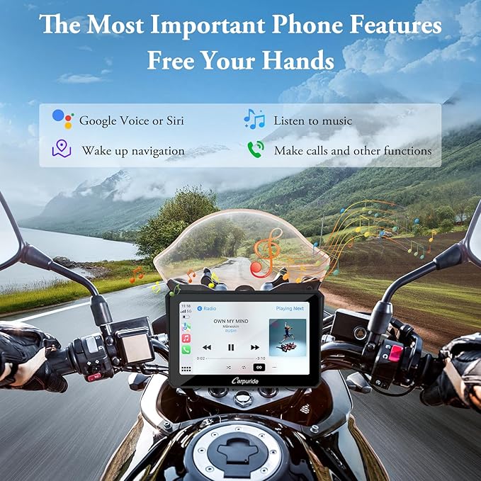 Carpuride W702 for Motorcycle, 7 inch Waterproof Touchscreen, Portable Carplay/Android Auto GPS Navigation for Motorbike, Support Dual Bluetooth, Car GPS, Siri, G00gle Assistant, TF-64G