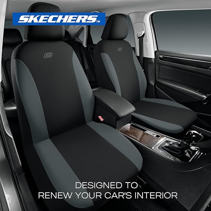Skechers Seat Covers, Premium Breathable Polyester Car Seat Covers, Car Seat Covers Front Seats Airbag Compatible, Automotive Comfort for Most Cars, Vans, Trucks, SUVs (Two Front, Grey)